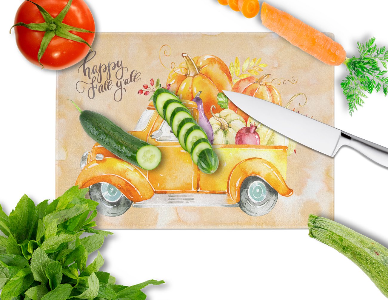 Fall Harvest Fox Terrier Cutting Board Tempered Glass Kitchen Cutting Surface, Heat Resistant Chopping, Non-Slip Feet, Food Prep & Serving