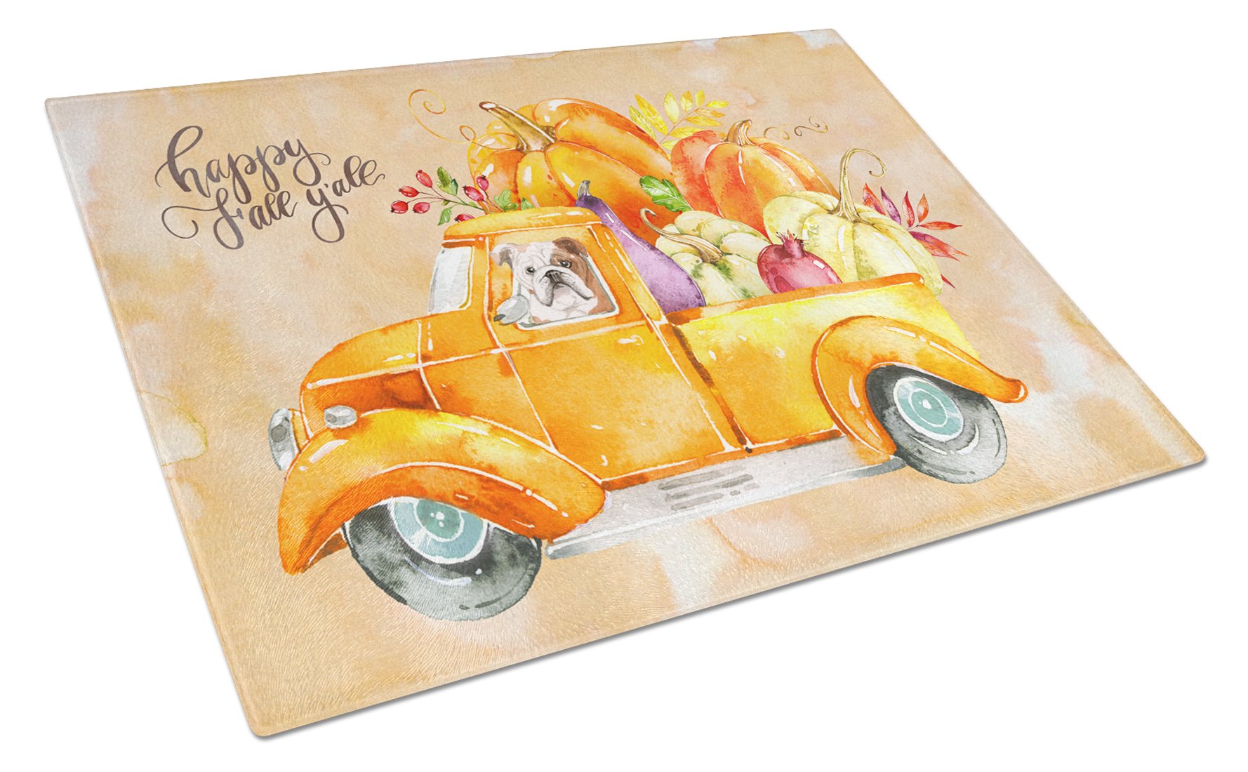 Fall Harvest English Bulldog Cutting Board Tempered Glass Kitchen Cutting Surface, Heat Resistant Chopping, Non-Slip Feet, Food Prep & Serving