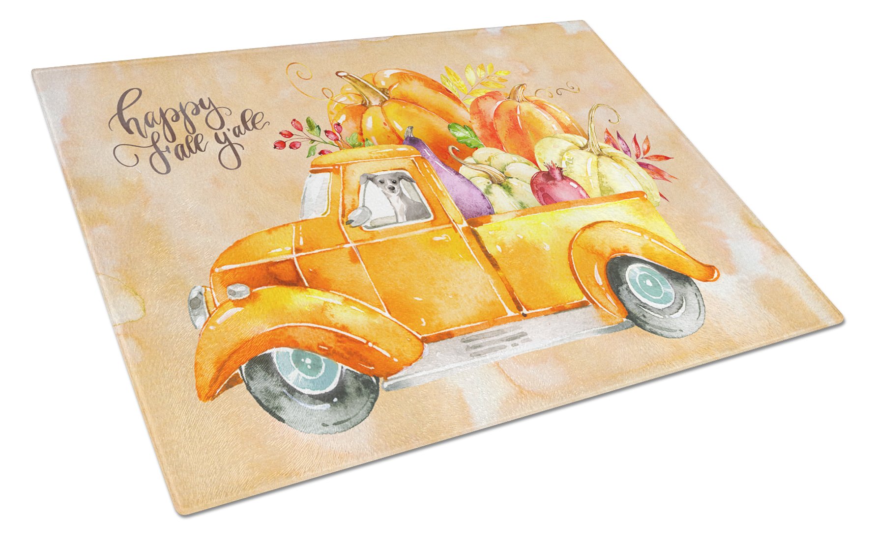 Fall Harvest Italian Greyhound Cutting Board Tempered Glass Kitchen Cutting Surface, Heat Resistant Chopping, Non-Slip Feet, Food Prep & Serving