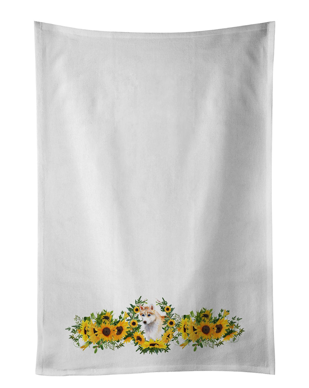 Siberian Husky in Sunflowers Kitchen Towel Set of 2 White Dish Towels Decorative Bathroom Hand towel for Hand, Face, Hair, Yoga, Tea, Dishcloth, 19 X 28", White