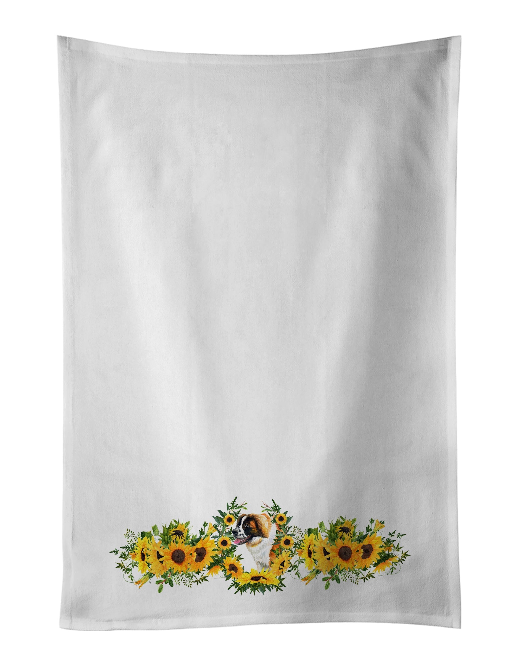 Saint Bernard in Sunflowers Kitchen Towel Set of 2 White Dish Towels Decorative Bathroom Hand towel for Hand, Face, Hair, Yoga, Tea, Dishcloth, 19 X 28", White