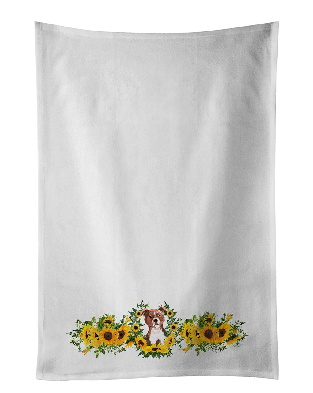 Red Staffie Bull Terrier in Sunflowers Kitchen Towel Set of 2 White Dish Towels Decorative Bathroom Hand towel for Hand, Face, Hair, Yoga, Tea, Dishcloth, 19 X 28", White