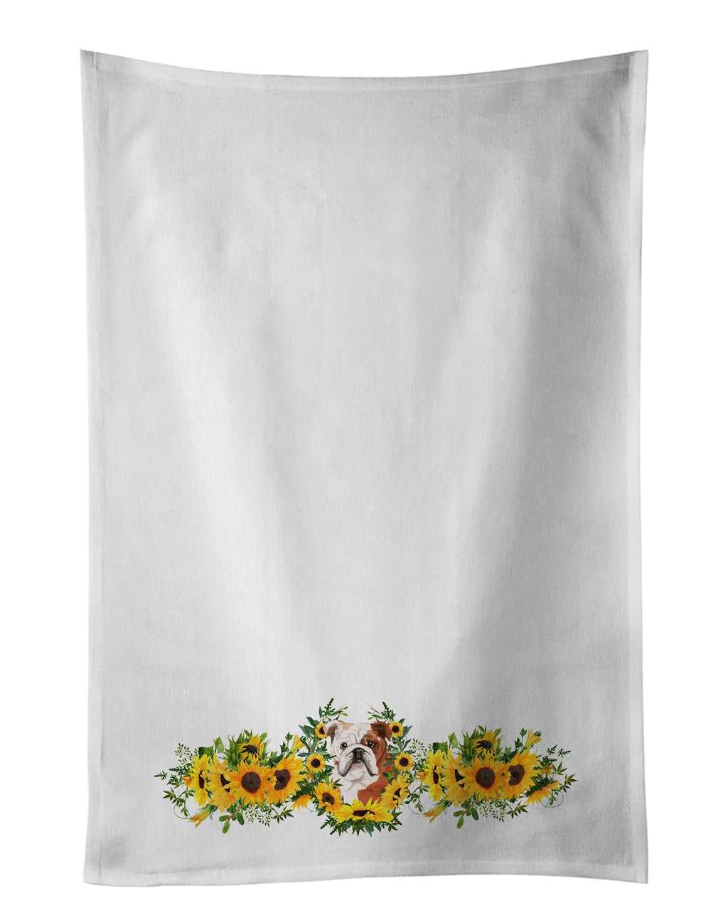 English Bulldog in Sunflowers Kitchen Towel Set of 2 White Dish Towels Decorative Bathroom Hand towel for Hand, Face, Hair, Yoga, Tea, Dishcloth, 19 X 28", White