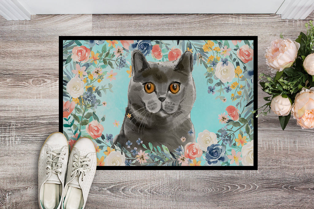 British Shorthair Spring Flowers Doormat Indoor Outdoor 18H X 27W Front Door Mat Rugs for Entryway, Non Slip Washable