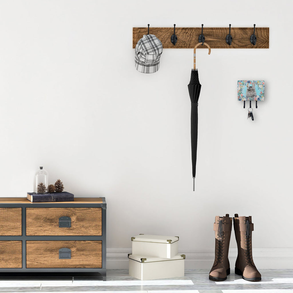 Maine Coon Spring Flowers Leash or Key Holder Wall Hooks, Coat Rack Wall Mount, for Hanging Keys, Towels, Aprons, Leashes