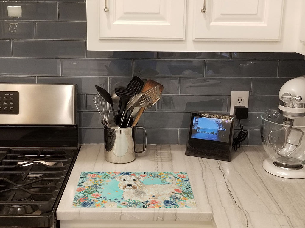 Wheaten Terrier Cutting Board Tempered Glass Kitchen Cutting Surface, Heat Resistant Chopping, Non-Slip Feet, Food Prep & Serving