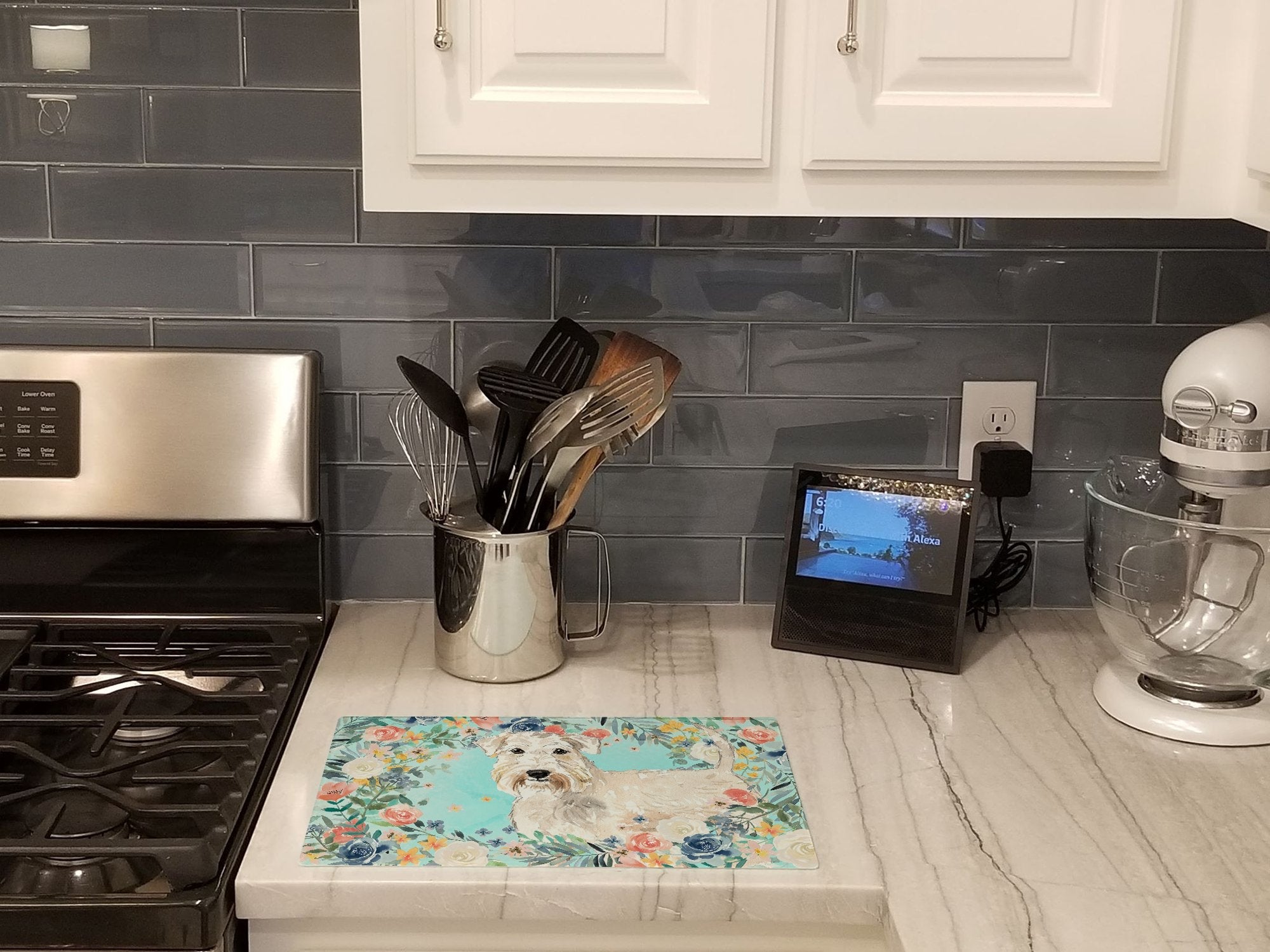 Wheaten Terrier Cutting Board Tempered Glass Kitchen Cutting Surface, Heat Resistant Chopping, Non-Slip Feet, Food Prep & Serving