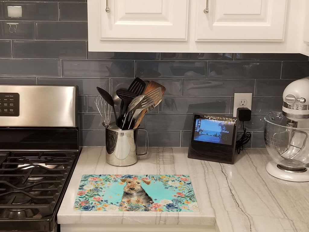 Airedale Terrier Cutting Board Tempered Glass Kitchen Cutting Surface, Heat Resistant Chopping, Non-Slip Feet, Food Prep & Serving