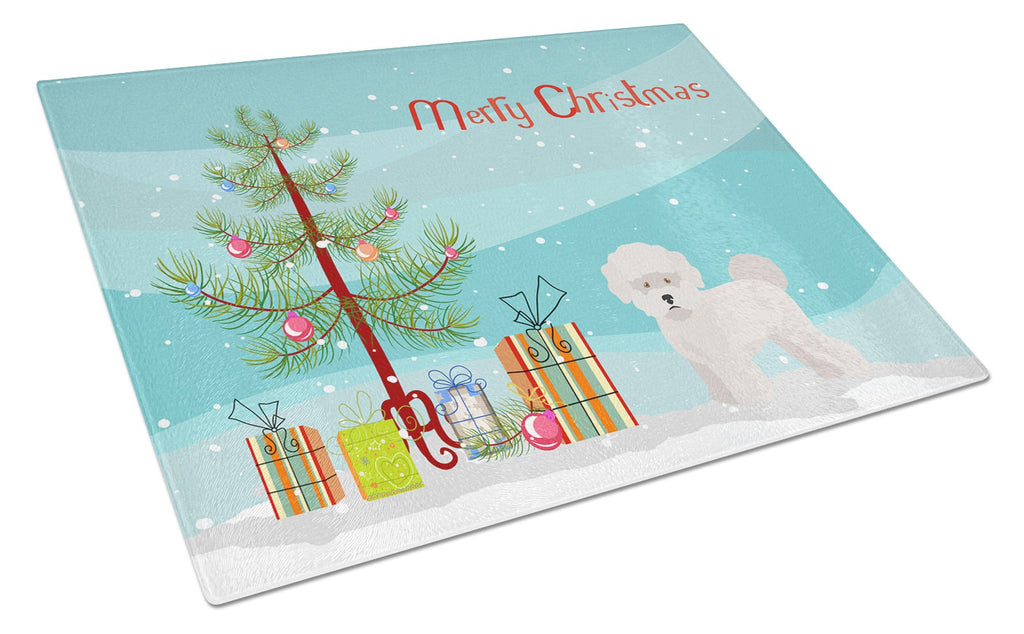 Bichon Frise Christmas Tree Cutting Board Tempered Glass Kitchen Cutting Surface, Heat Resistant Chopping, Non-Slip Feet, Food Prep & Serving