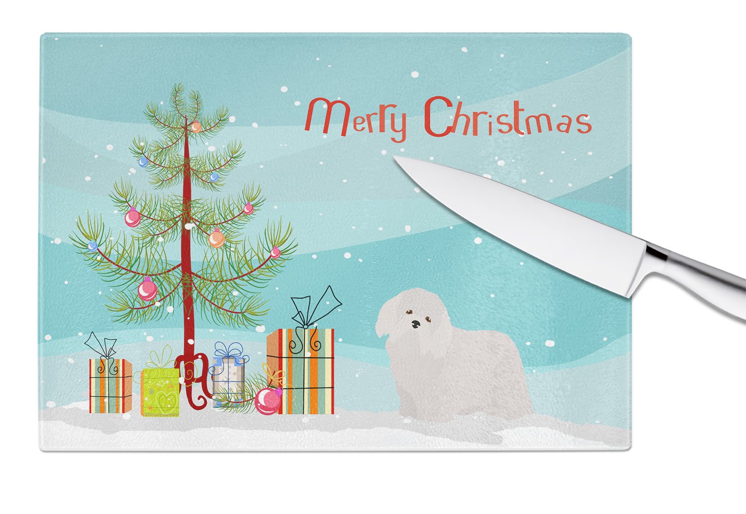 Coton de Tulear Christmas Tree Cutting Board Tempered Glass Kitchen Cutting Surface, Heat Resistant Chopping, Non-Slip Feet, Food Prep & Serving