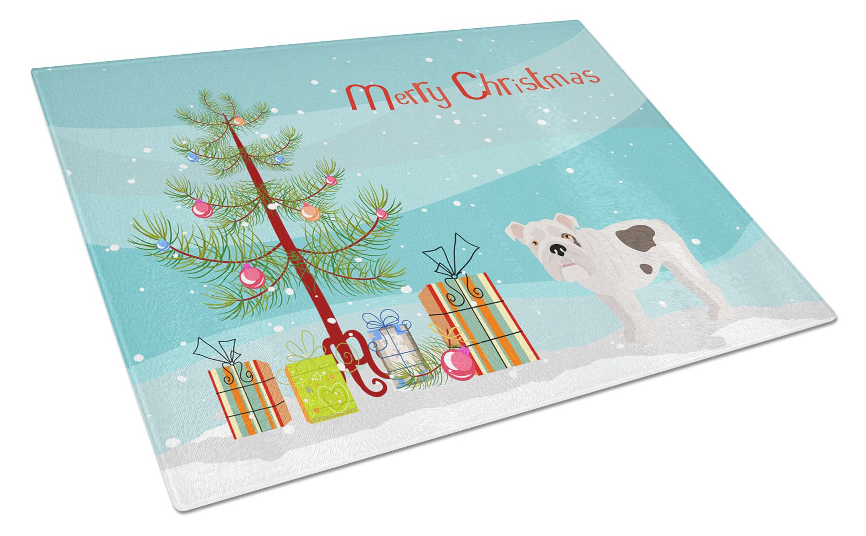 Bulldog, English Bulldog Christmas Tree Cutting Board Tempered Glass Kitchen Cutting Surface, Heat Resistant Chopping, Non-Slip Feet, Food Prep & Serving