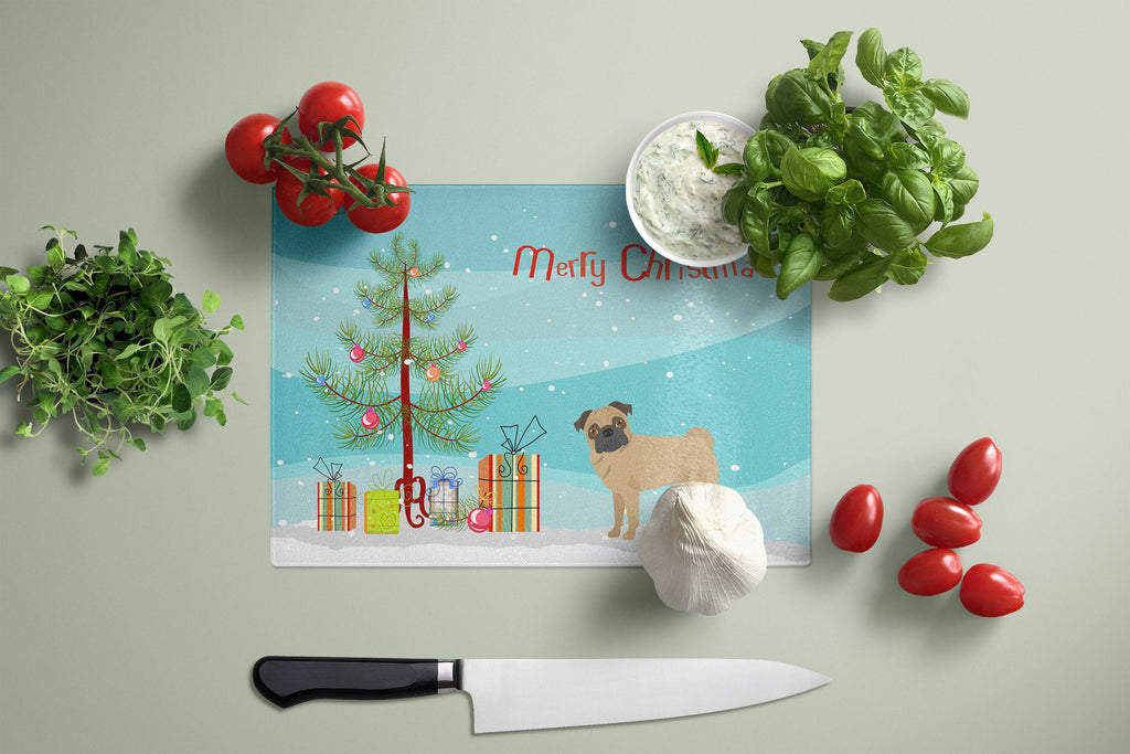Pug Christmas Tree Cutting Board Tempered Glass Kitchen Cutting Surface, Heat Resistant Chopping, Non-Slip Feet, Food Prep & Serving