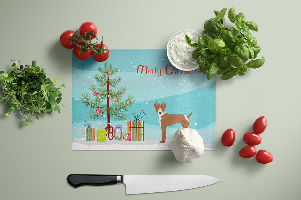 Rat Terrier Christmas Tree Cutting Board Tempered Glass Kitchen Cutting Surface, Heat Resistant Chopping, Non-Slip Feet, Food Prep & Serving