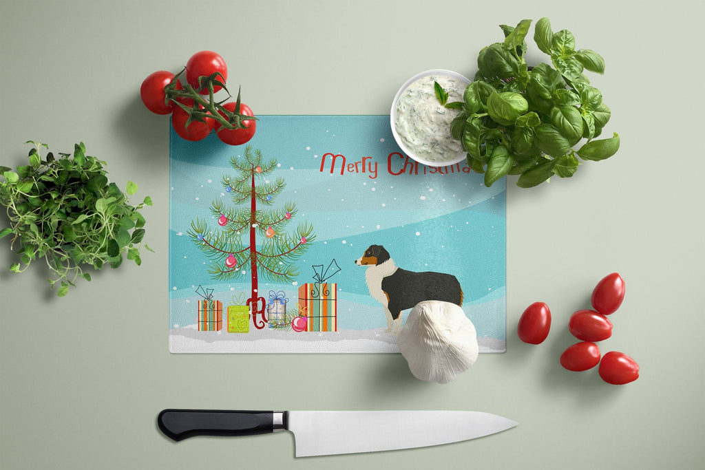 Australian Shepherd Christmas Tree Cutting Board Tempered Glass Kitchen Cutting Surface, Heat Resistant Chopping, Non-Slip Feet, Food Prep & Serving