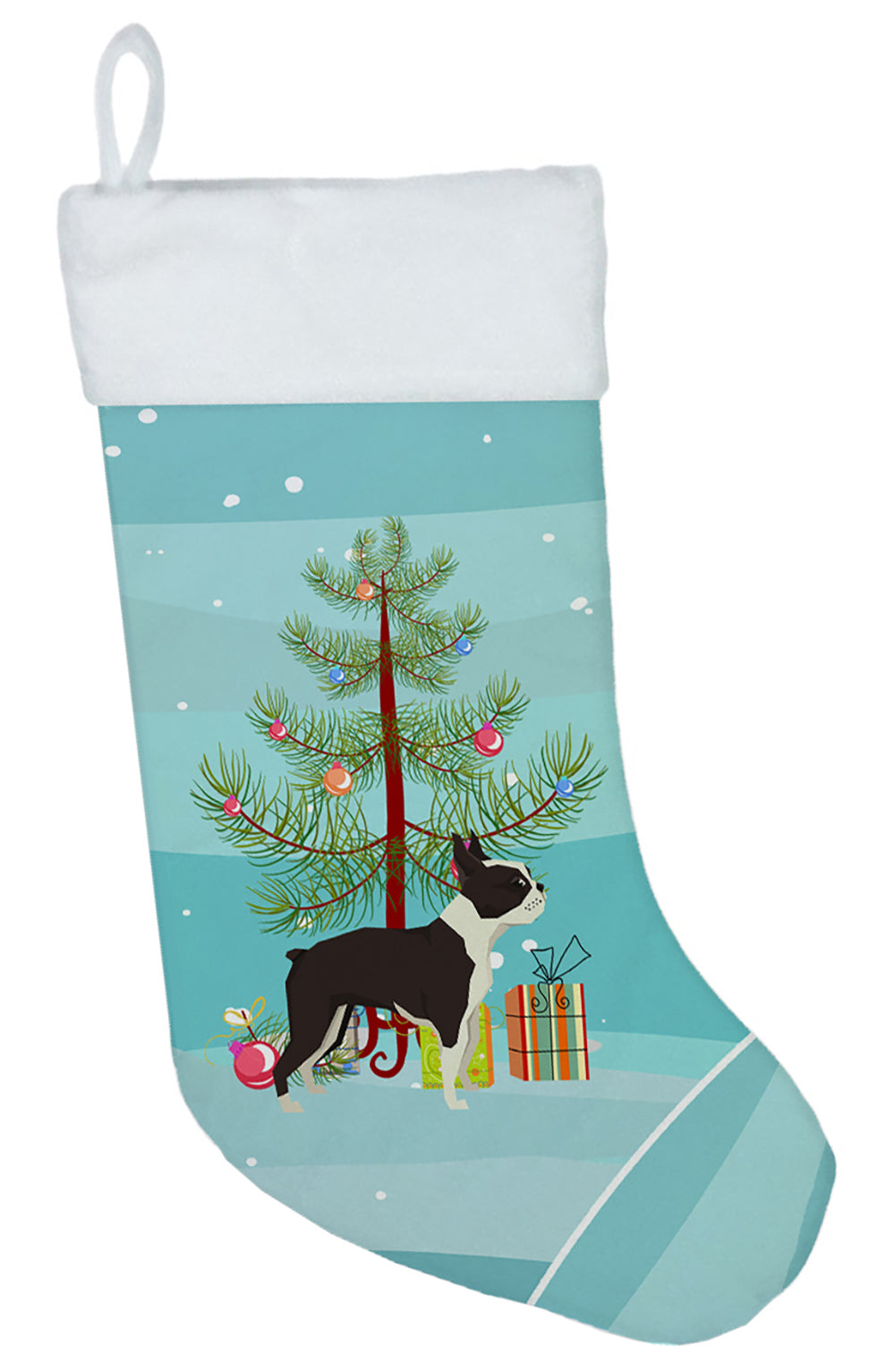 Boston Terrier Christmas Tree Holiday Stocking Double-Sided Print, Polyester Suede,11x18, Made in USA