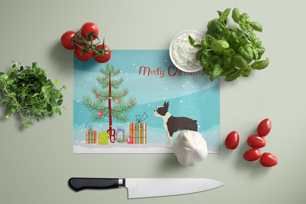 Boston Terrier Christmas Tree Cutting Board Tempered Glass Kitchen Cutting Surface, Heat Resistant Chopping, Non-Slip Feet, Food Prep & Serving