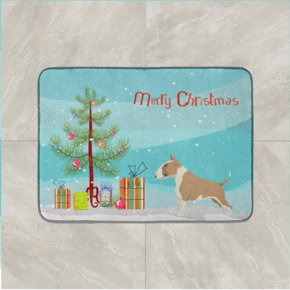 Fawn and White Bull Terrier Christmas Tree Memory Foam Kitchen Mat Machine Washable Anti-Fatigue Cushion Comfort Bath or Kitchen Rug
