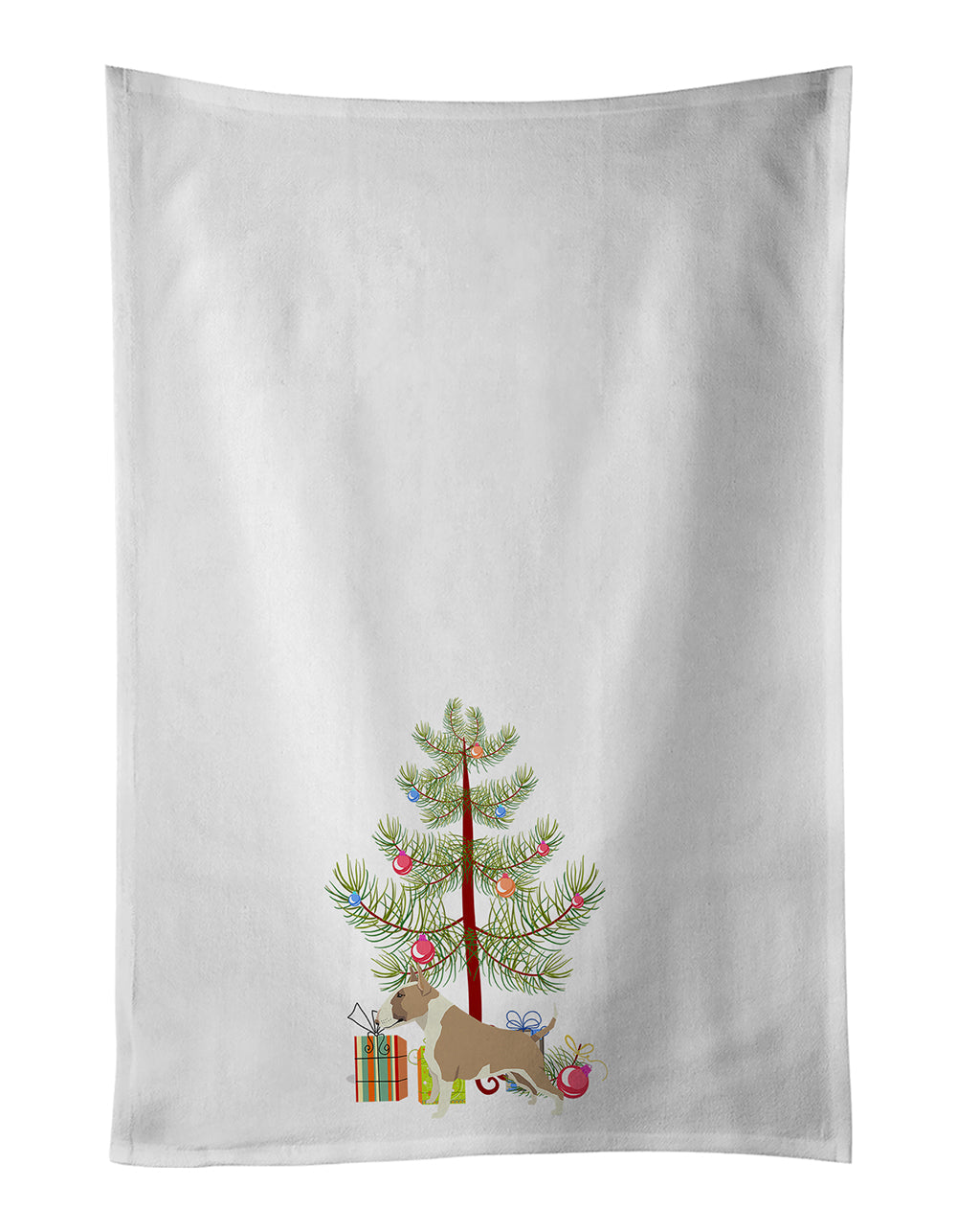 Fawn and White Bull Terrier Christmas Tree Kitchen Towel Set of 2 White Dish Towels Decorative Bathroom Hand towel for Hand, Face, Hair, Yoga, Tea, Dishcloth, 19 X 28", White