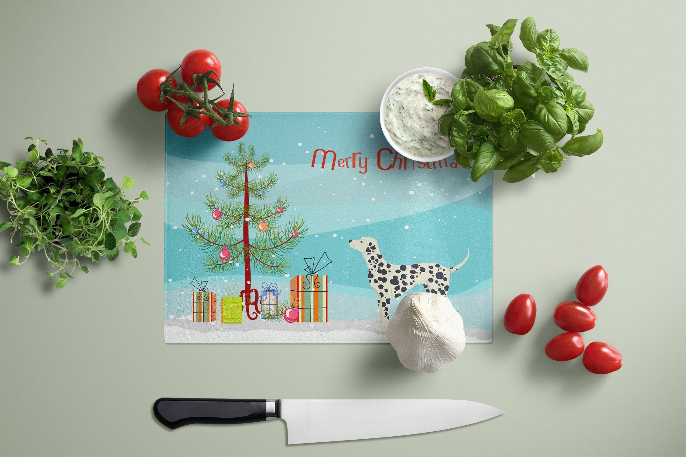 Dalmatian Christmas Tree Cutting Board Tempered Glass Kitchen Cutting Surface, Heat Resistant Chopping, Non-Slip Feet, Food Prep & Serving