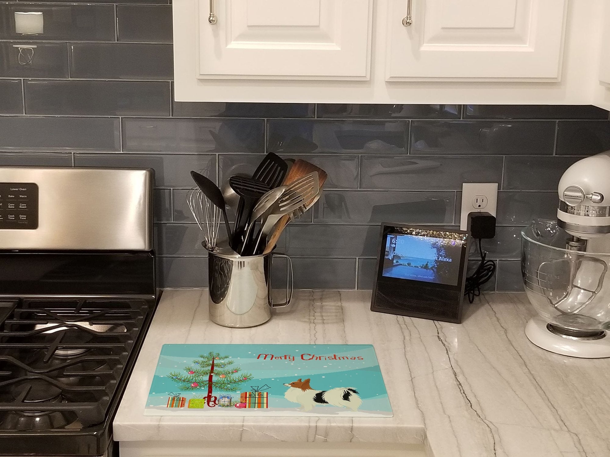 Papillon Christmas Tree Cutting Board Tempered Glass Kitchen Cutting Surface, Heat Resistant Chopping, Non-Slip Feet, Food Prep & Serving