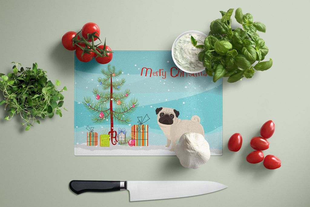 Pug Christmas Tree Cutting Board Tempered Glass Kitchen Cutting Surface, Heat Resistant Chopping, Non-Slip Feet, Food Prep & Serving