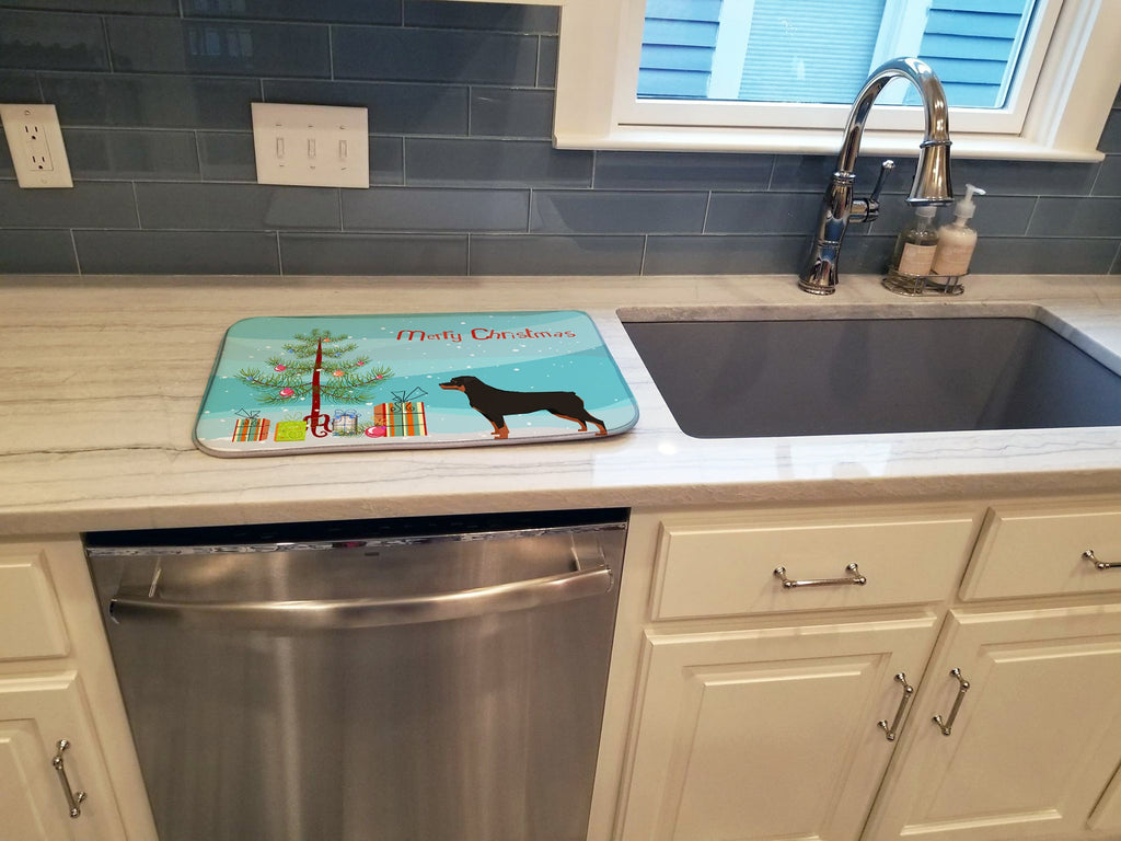 Rottweiler Christmas Tree Dish Drying Mat Absorbent Dish Drying Mat Pad for Kitchen Counter Dish Drainer Mat for Countertop, 14 x 21", Multicolor