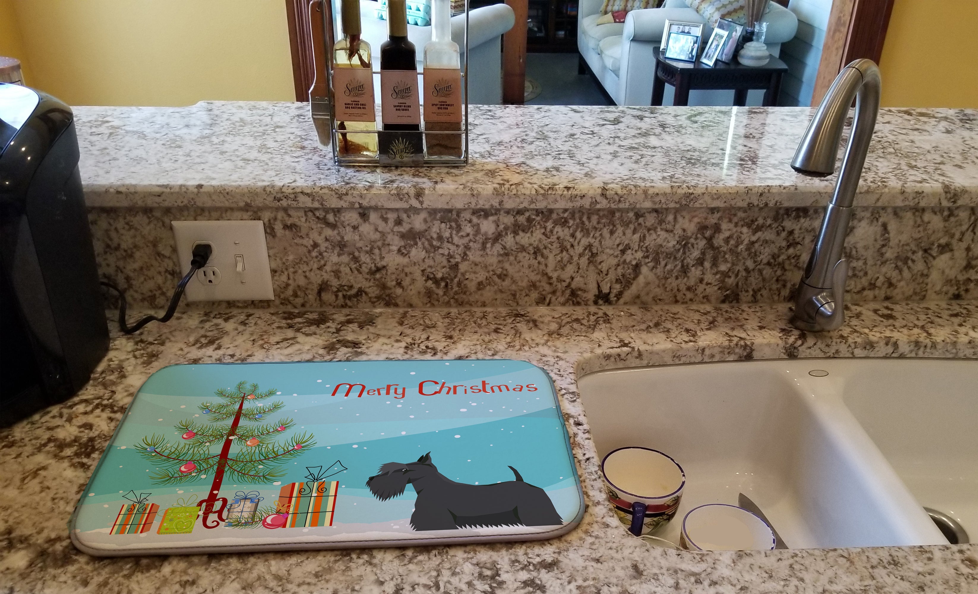 Scottish Terrier Christmas Tree Dish Drying Mat Absorbent Dish Drying Mat Pad for Kitchen Counter Dish Drainer Mat for Countertop, 14 x 21", Multicolor
