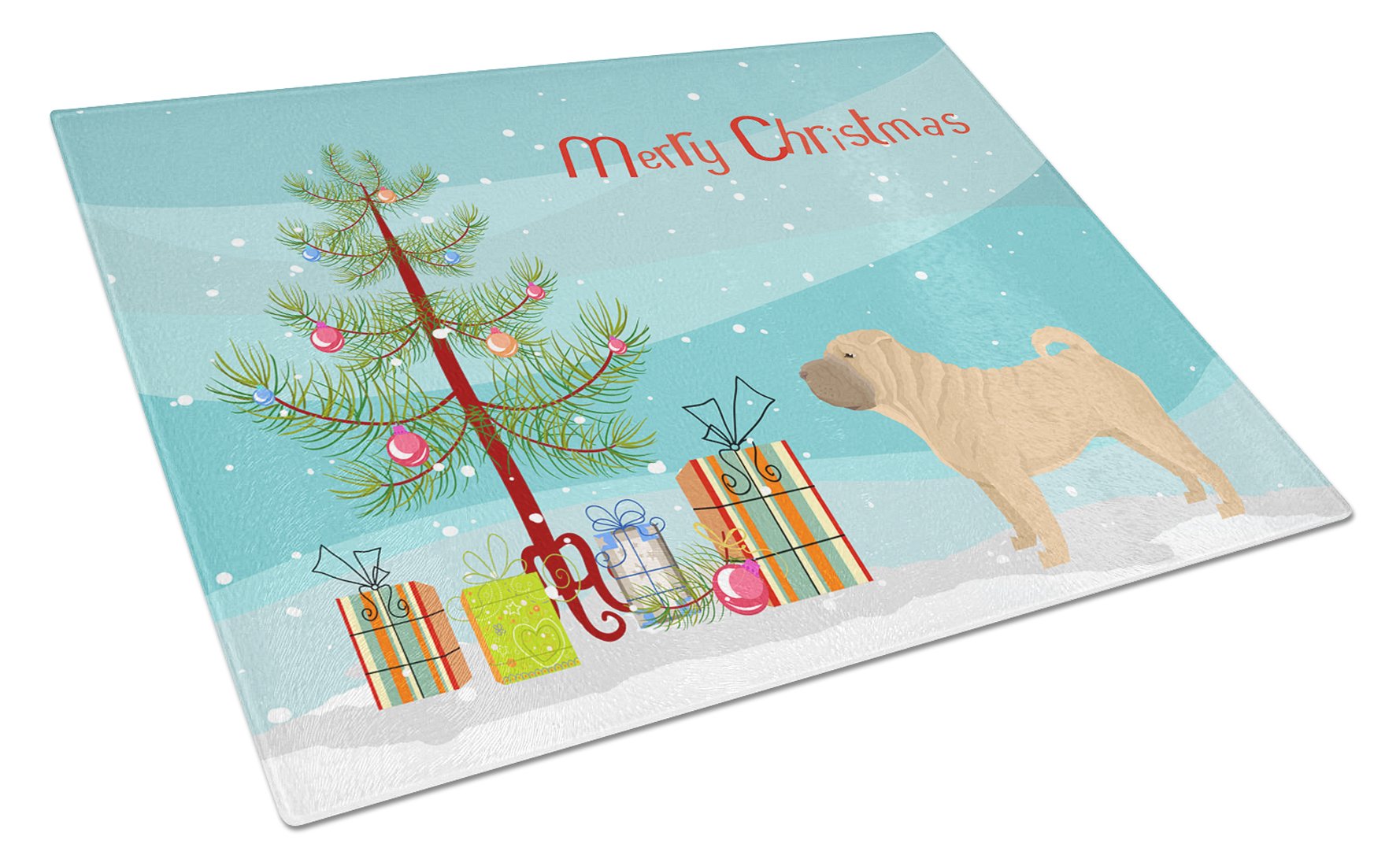 Shar Pei Christmas Tree Cutting Board Tempered Glass Kitchen Cutting Surface, Heat Resistant Chopping, Non-Slip Feet, Food Prep & Serving