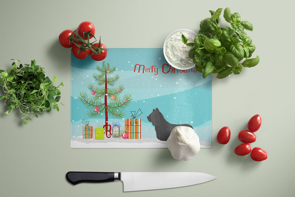 Skye Terrier Christmas Tree Cutting Board Tempered Glass Kitchen Cutting Surface, Heat Resistant Chopping, Non-Slip Feet, Food Prep & Serving