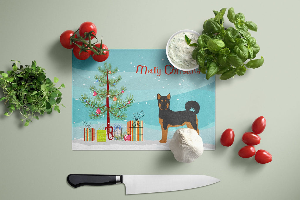 Akita Shepherd Black and Tan Christmas Tree Cutting Board Tempered Glass Kitchen Cutting Surface, Heat Resistant Chopping, Non-Slip Feet, Food Prep & Serving