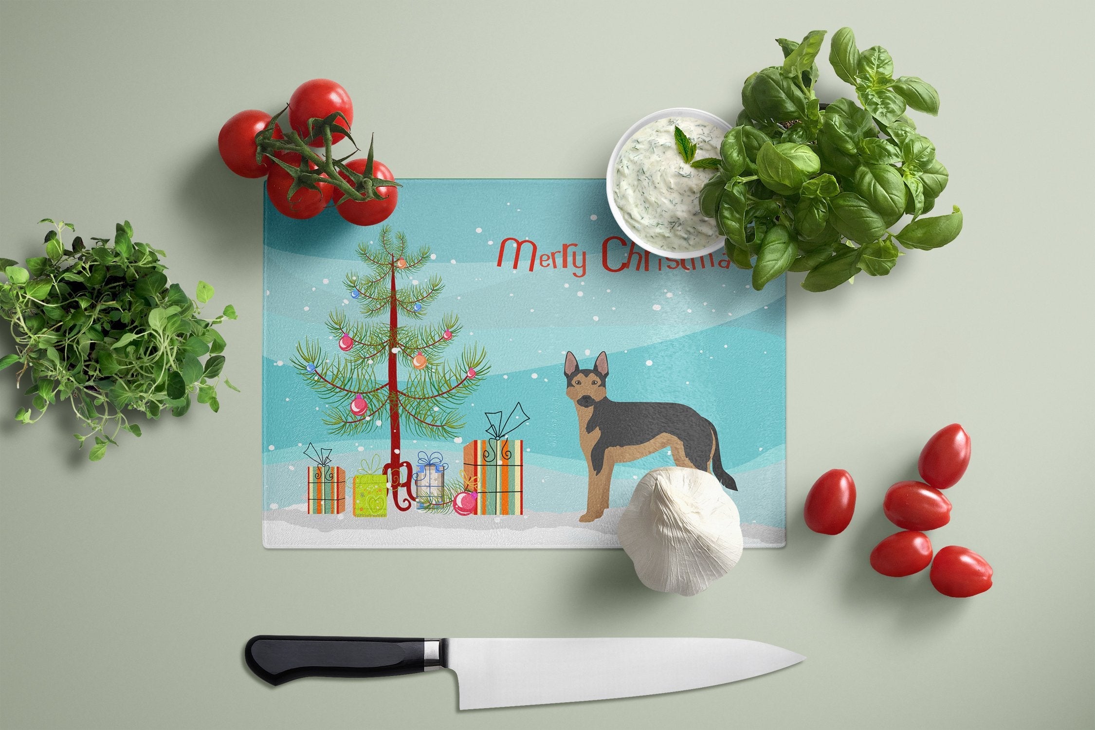 German Sheprador #2 Christmas Tree Cutting Board Tempered Glass Kitchen Cutting Surface, Heat Resistant Chopping, Non-Slip Feet, Food Prep & Serving