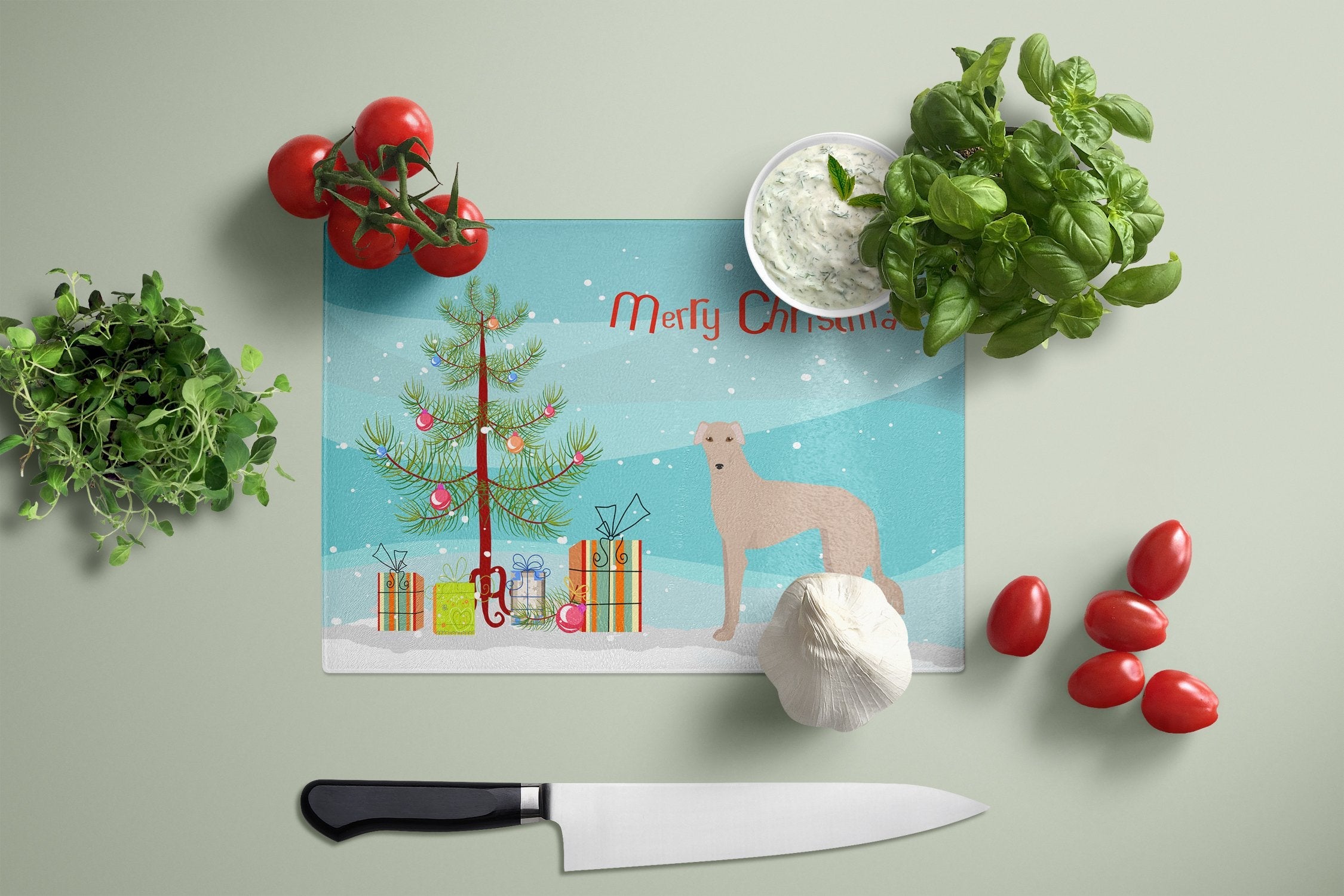 Tan Longdog Christmas Tree Cutting Board Tempered Glass Kitchen Cutting Surface, Heat Resistant Chopping, Non-Slip Feet, Food Prep & Serving