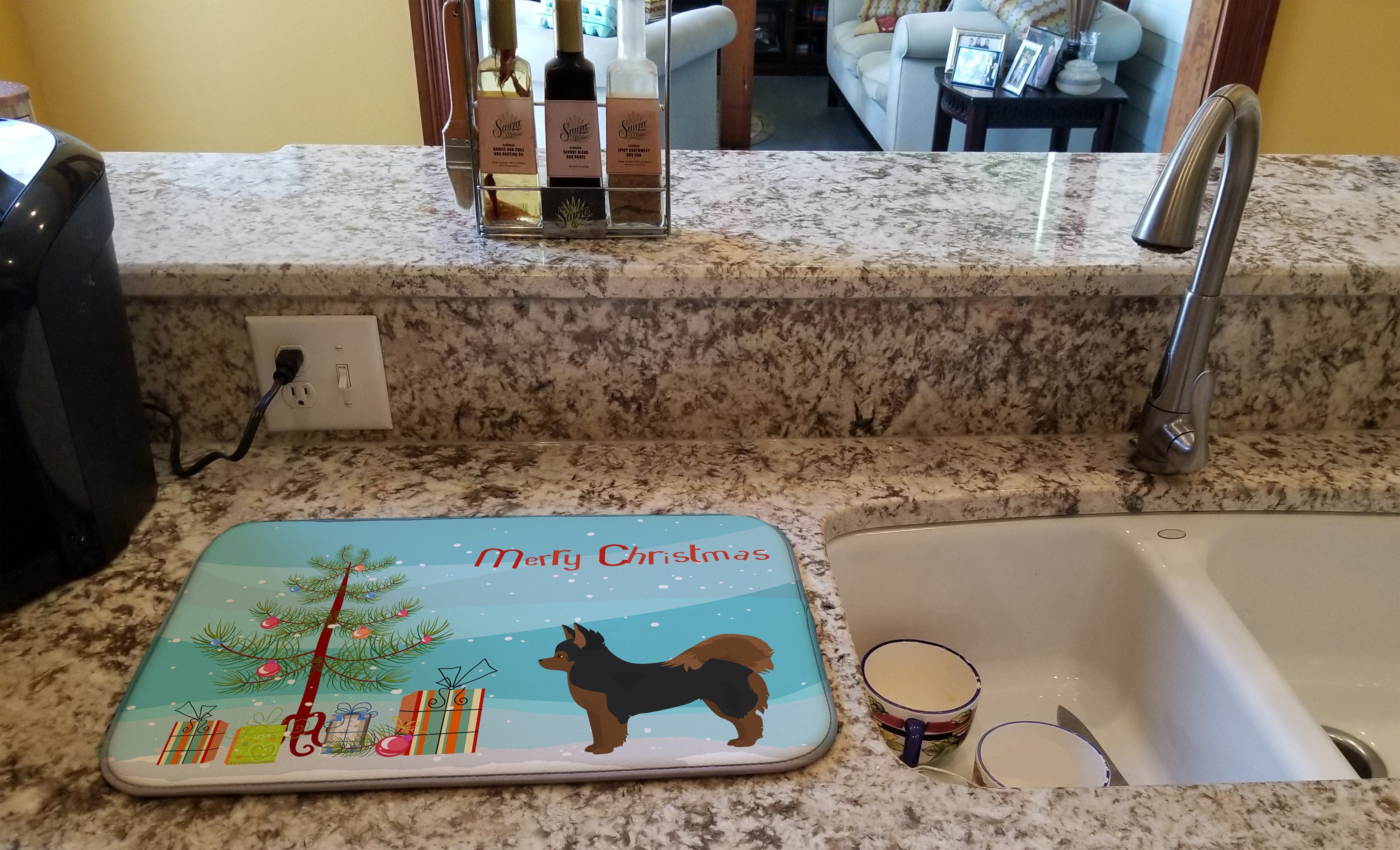 Black and Tan Pomchi Christmas Tree Dish Drying Mat Absorbent Dish Drying Mat Pad for Kitchen Counter Dish Drainer Mat for Countertop, 14 x 21", Multicolor