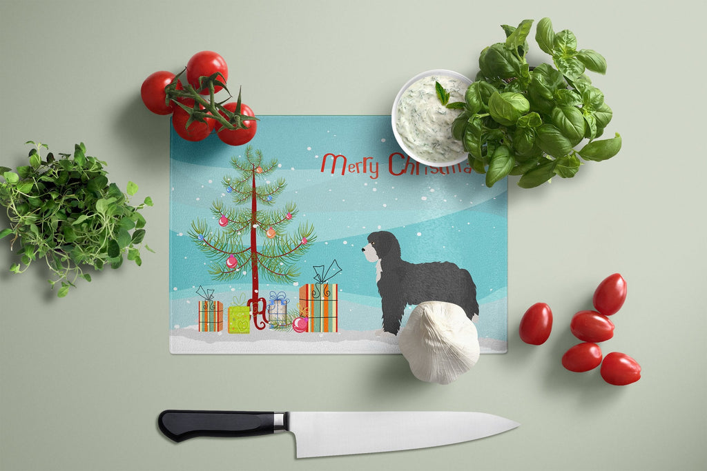 Black Sheepadoodle Christmas Tree Cutting Board Tempered Glass Kitchen Cutting Surface, Heat Resistant Chopping, Non-Slip Feet, Food Prep & Serving