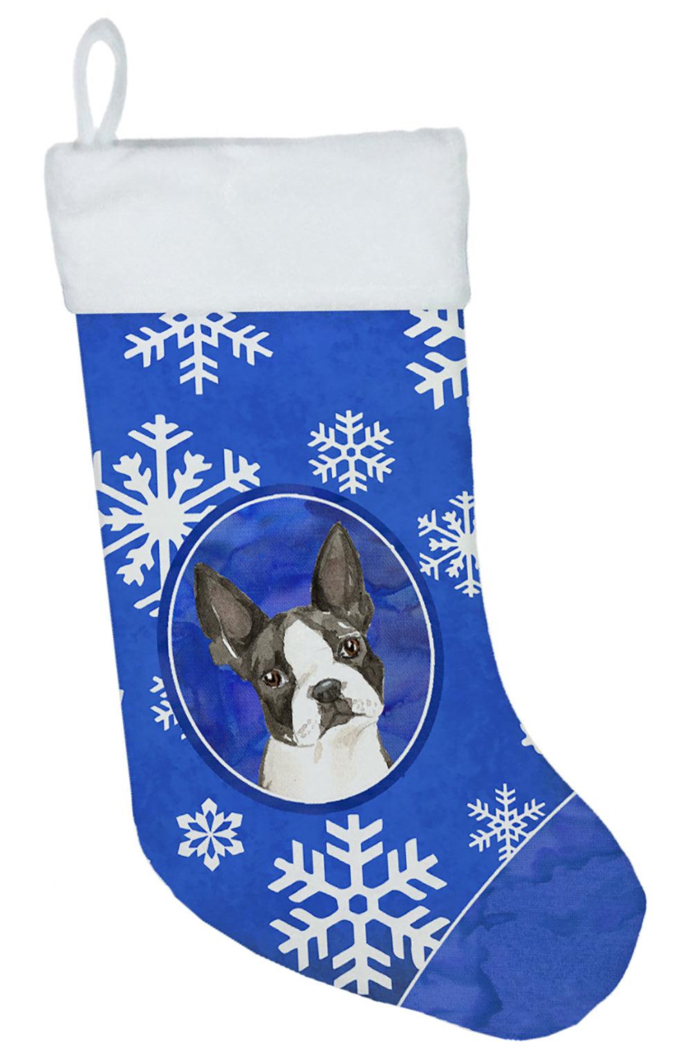 Boston Terrier Winter Snowflakes Holiday Stocking Double-Sided Print, Polyester Suede,11x18, Made in USA