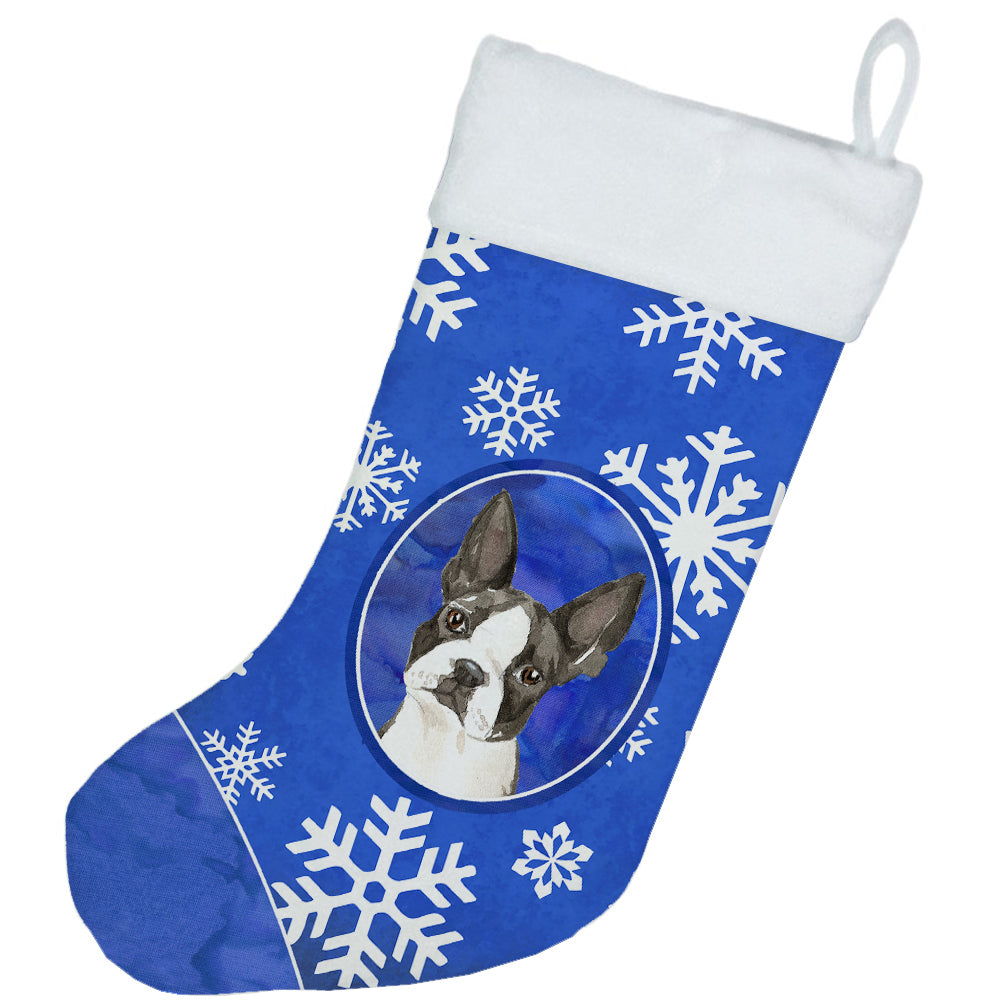 Boston Terrier Winter Snowflakes Holiday Stocking Double-Sided Print, Polyester Suede,11x18, Made in USA