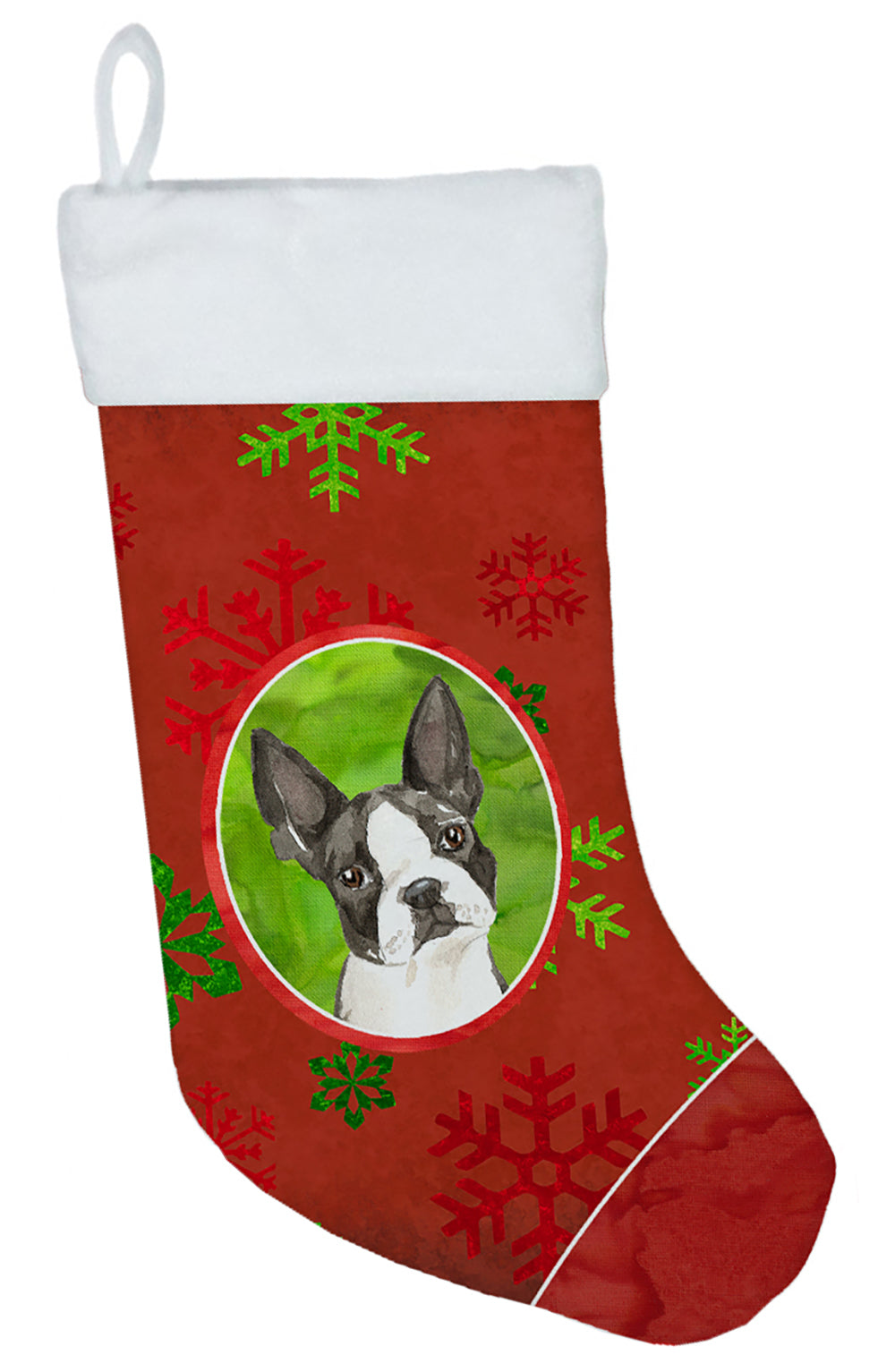 Christmas Snowflakes Boston Terrier Holiday Stocking Double-Sided Print, Polyester Suede,11x18, Made in USA