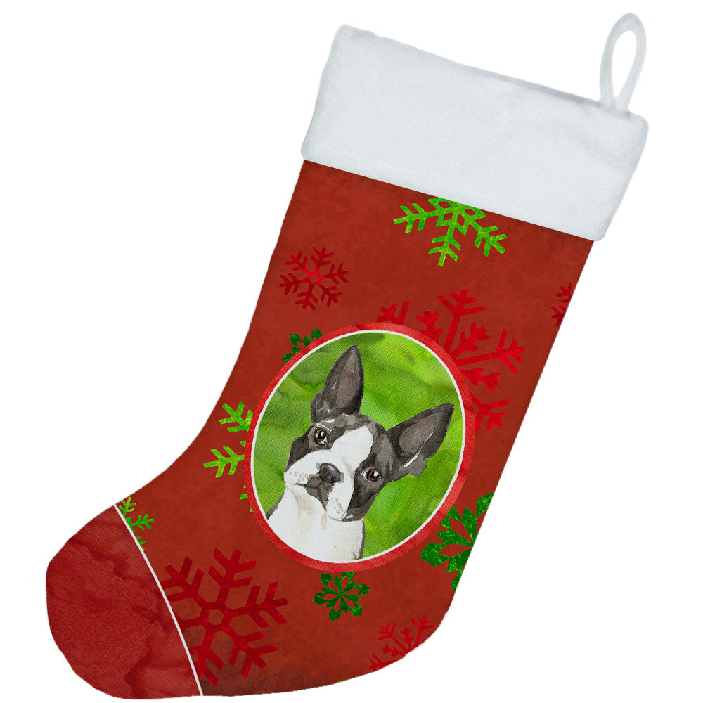 Christmas Snowflakes Boston Terrier Holiday Stocking Double-Sided Print, Polyester Suede,11x18, Made in USA
