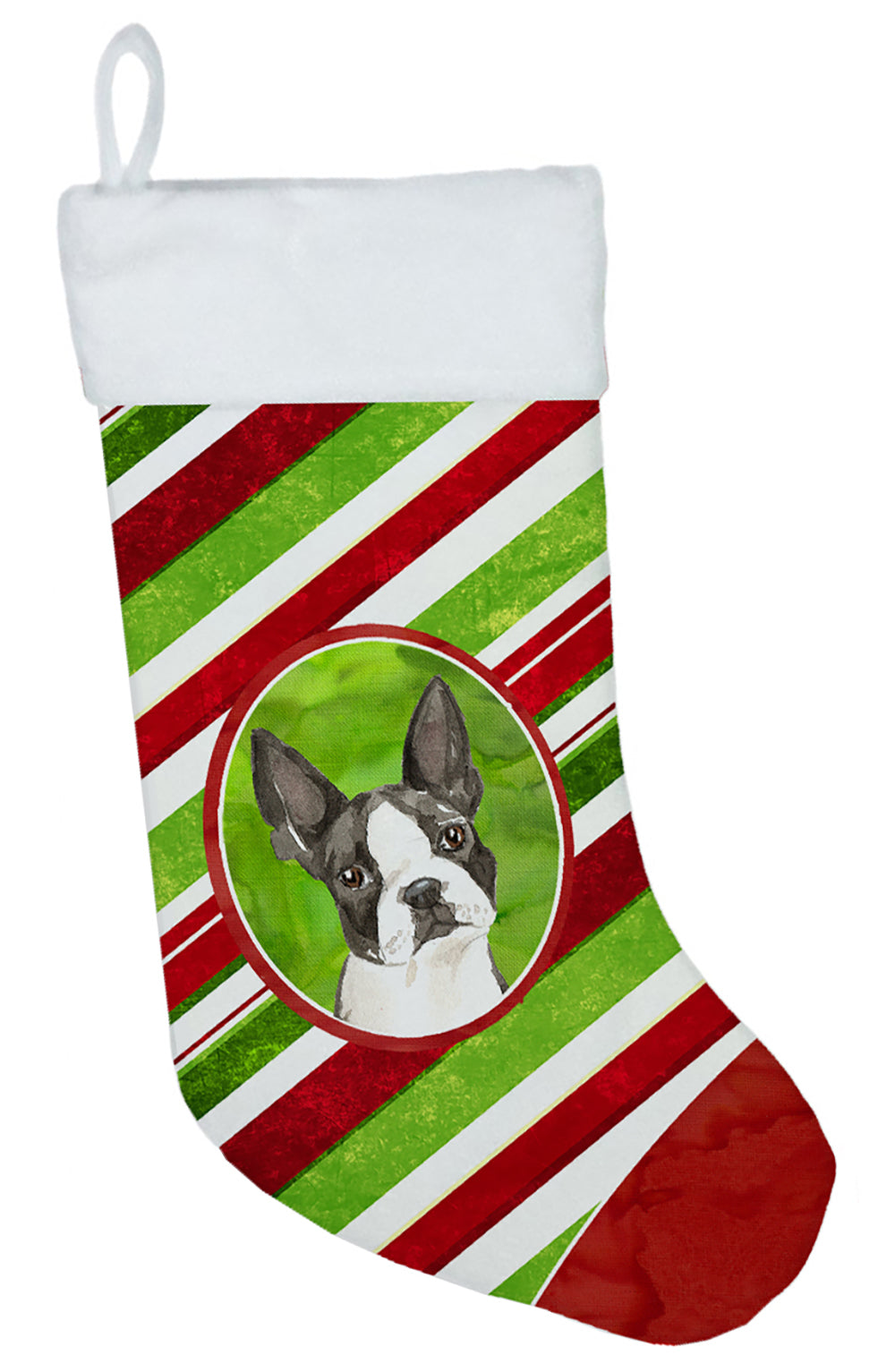 Boston Terrier Christmas Candy Stripe Holiday Stocking Double-Sided Print, Polyester Suede,11x18, Made in USA
