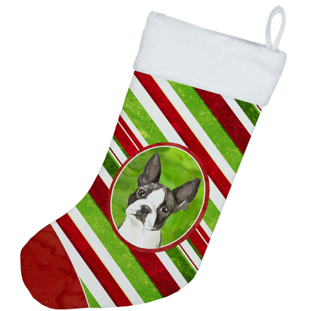 Boston Terrier Christmas Candy Stripe Holiday Stocking Double-Sided Print, Polyester Suede,11x18, Made in USA