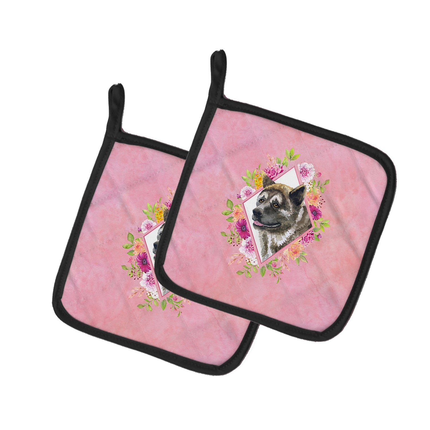 Akita Pink Flowers Pot Holder Set of 2 Heat Resistant Quilted Hot Pads 7.5 x 7.5 Inch, Insulated Kitchen Trivets for Cooking & Baking