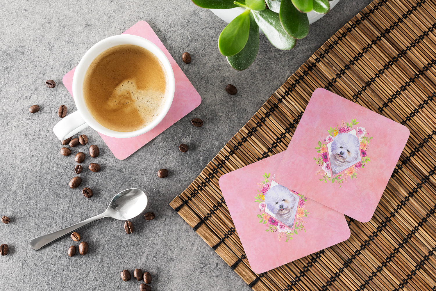 Bichon Frisé #2 Pink Flowers Foam Coasters Set of 4 Cup Coasters for Indoor Outdoor, Tabletop Protection, Anti Slip, Mouse pad Material