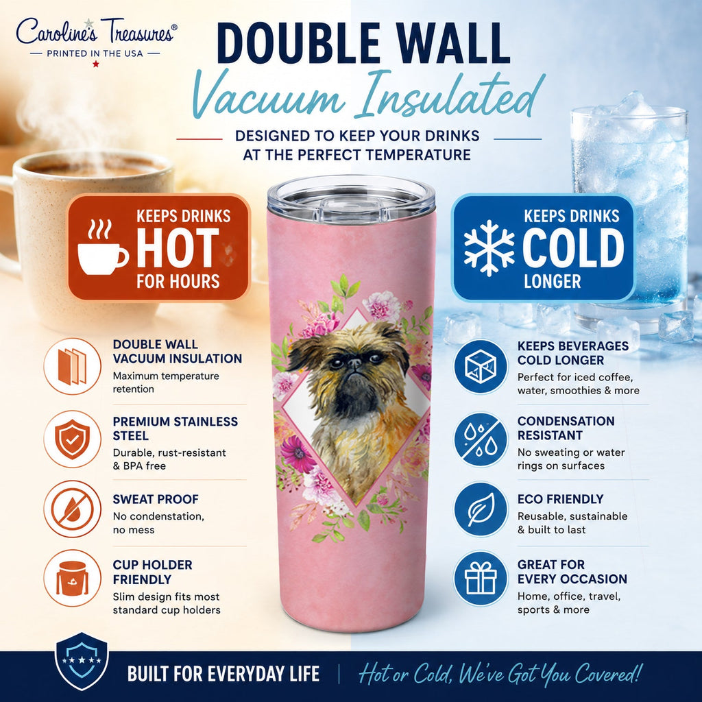 Brussels Griffon Pink Flowers Stainless Steel Skinny Tumbler 20 oz Vacuum Double Walled Reusable Insulated Travel Cup