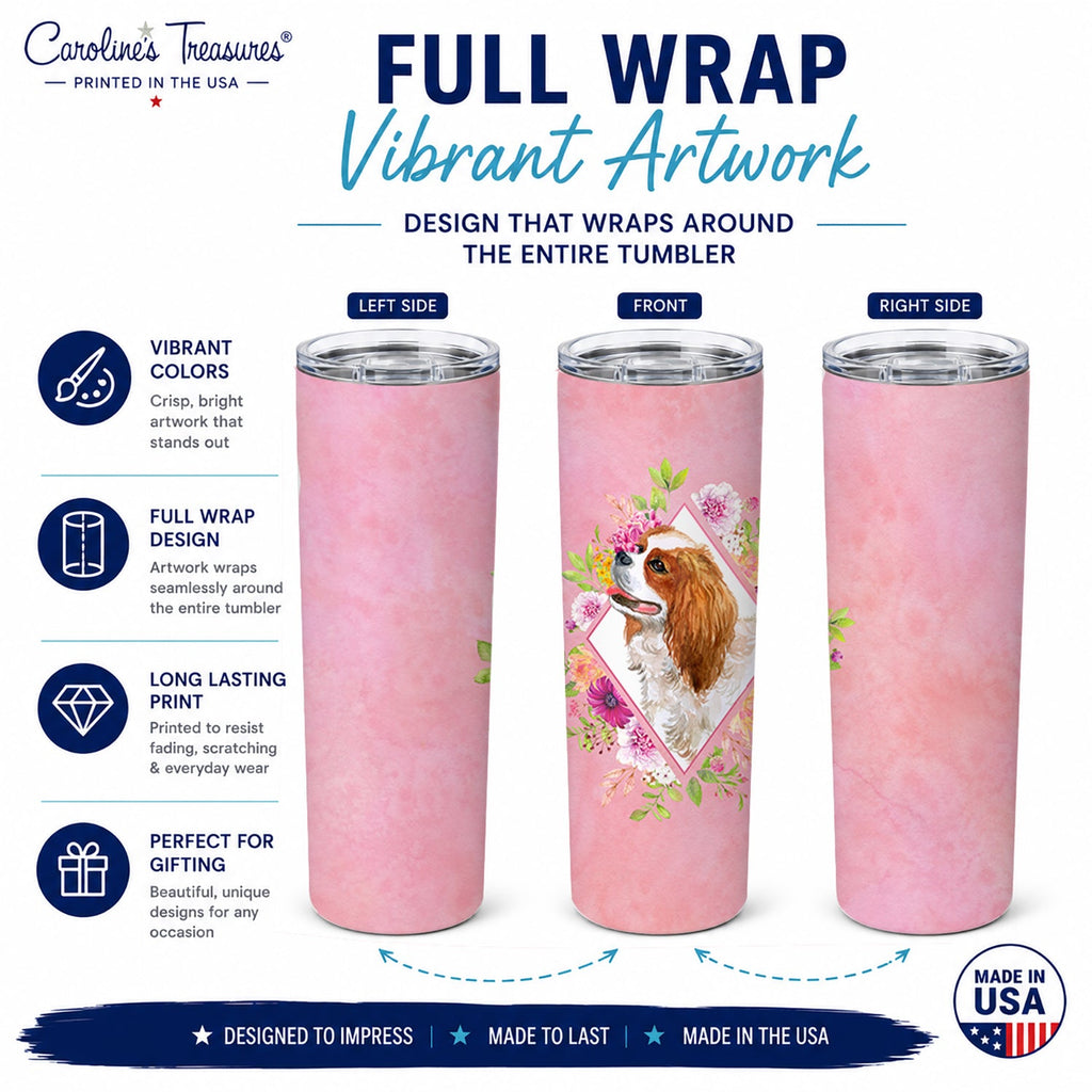 Cavalier King Charles Spaniel Pink Flowers Stainless Steel Skinny Tumbler 20 oz Vacuum Double Walled Reusable Insulated Travel Cup