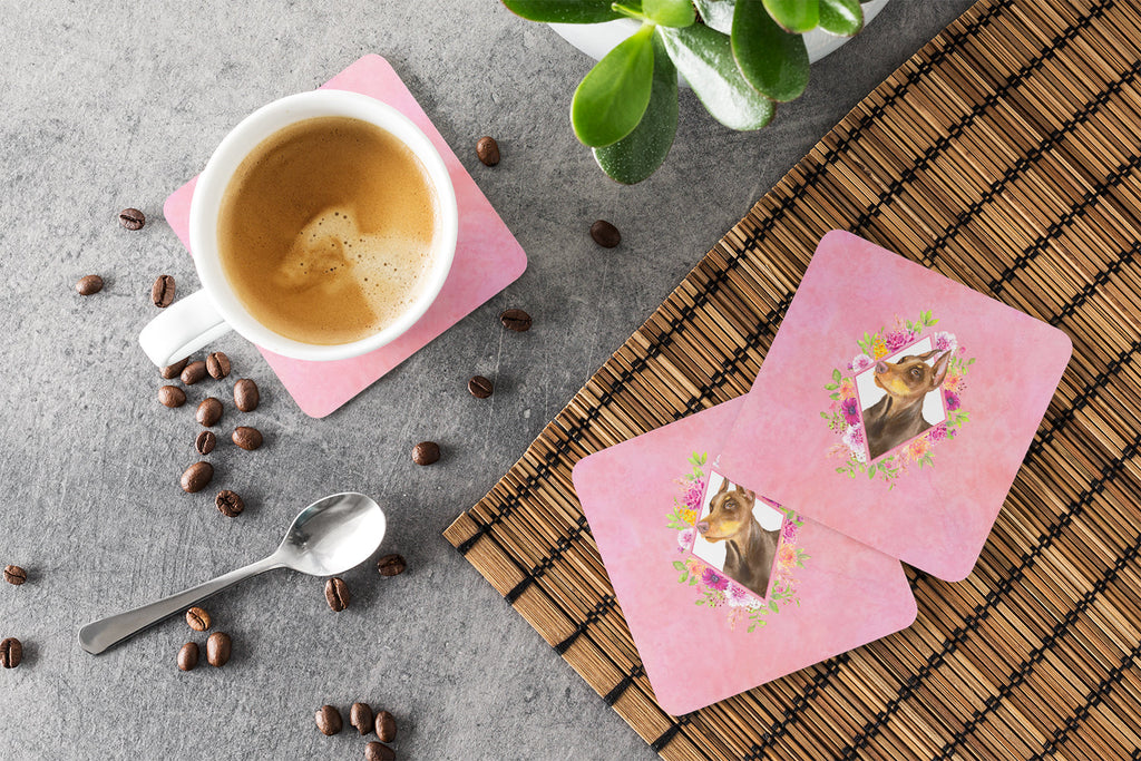 Doberman Pinscher Pink Flowers Foam Coasters Set of 4 Cup Coasters for Indoor Outdoor, Tabletop Protection, Anti Slip, Mouse pad Material
