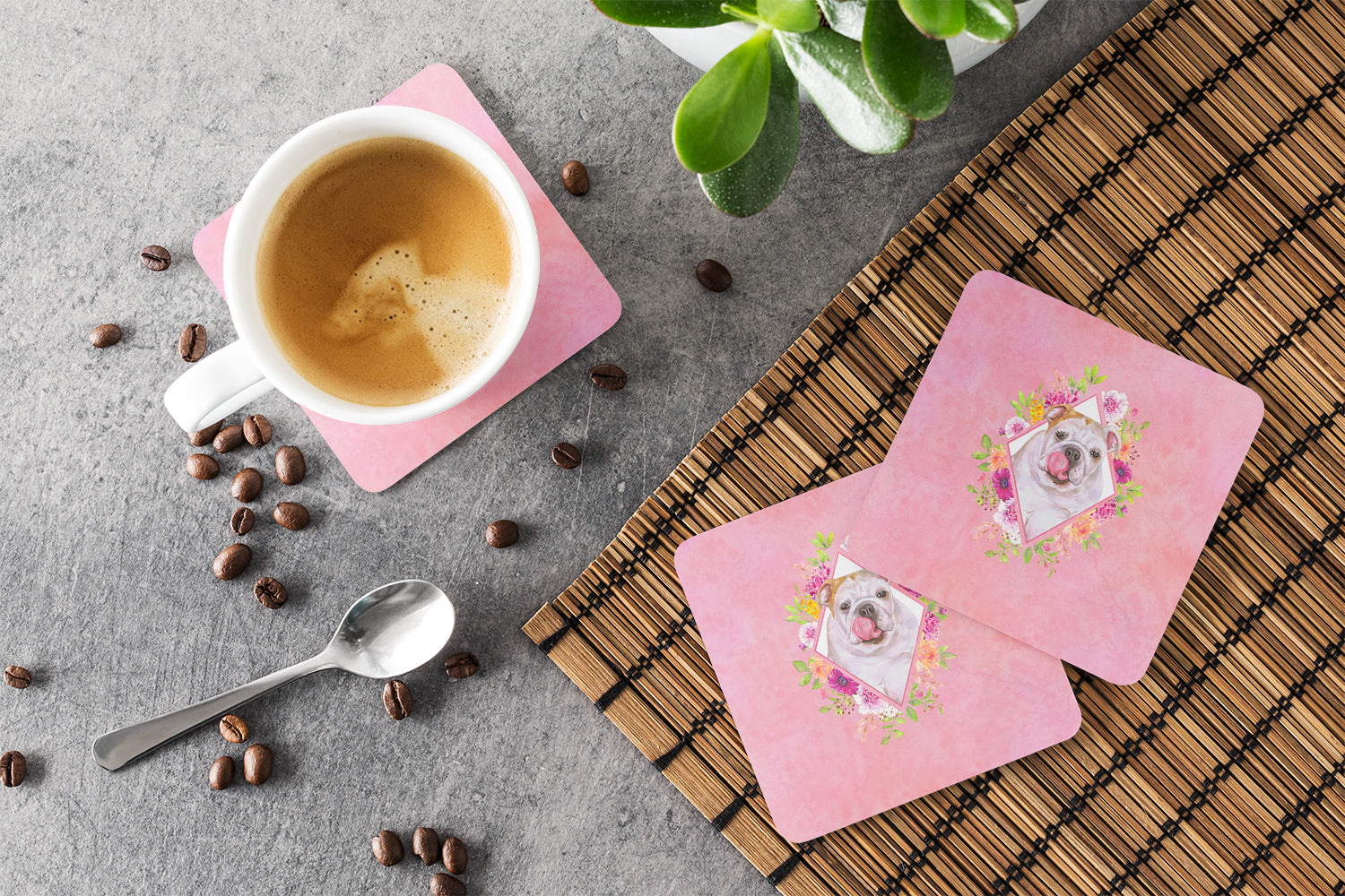 English Bulldog Pink Flowers Foam Coasters Set of 4 Cup Coasters for Indoor Outdoor, Tabletop Protection, Anti Slip, Mouse pad Material
