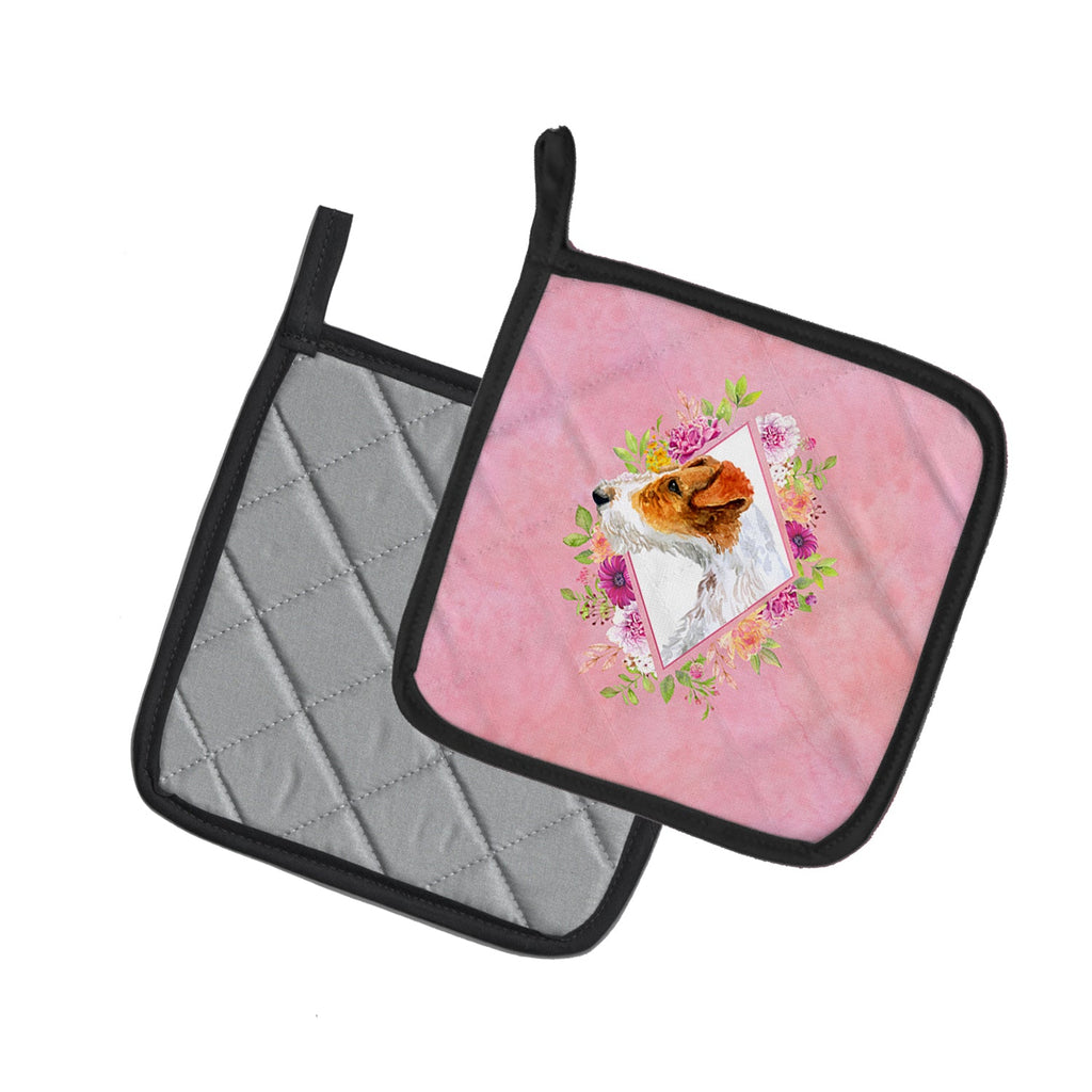 Jack Russell Terrier #2 Pink Flowers Pot Holder Set of 2 Heat Resistant Quilted Hot Pads 7.5 x 7.5 Inch, Insulated Kitchen Trivets for Cooking & Baking