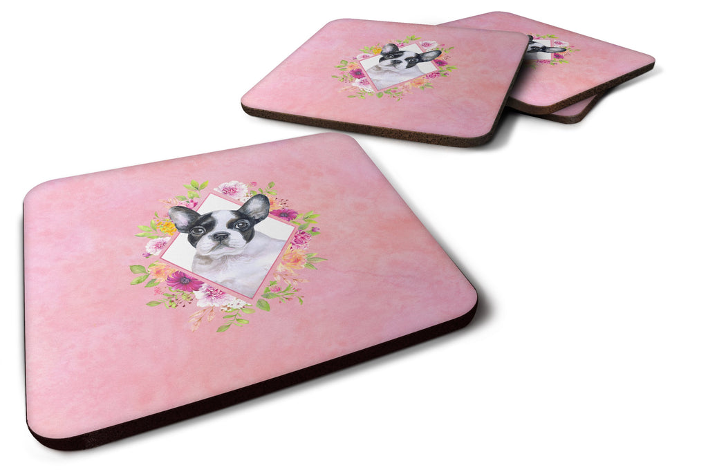 French Bulldog Pink Flowers Foam Coasters Set of 4 Cup Coasters for Indoor Outdoor, Tabletop Protection, Anti Slip, Mouse pad Material