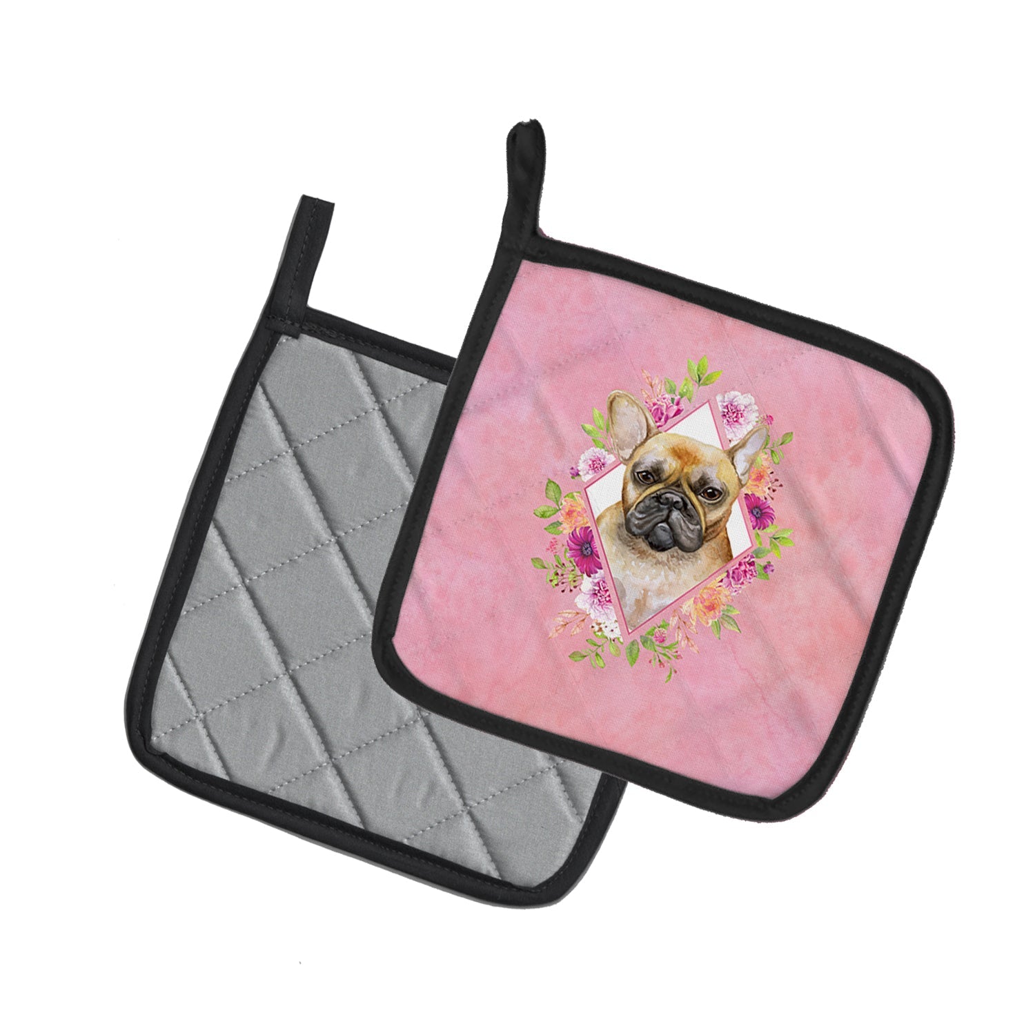 Fawn French Bulldog Pink Flowers Pot Holder Set of 2 Heat Resistant Quilted Hot Pads 7.5 x 7.5 Inch, Insulated Kitchen Trivets for Cooking & Baking