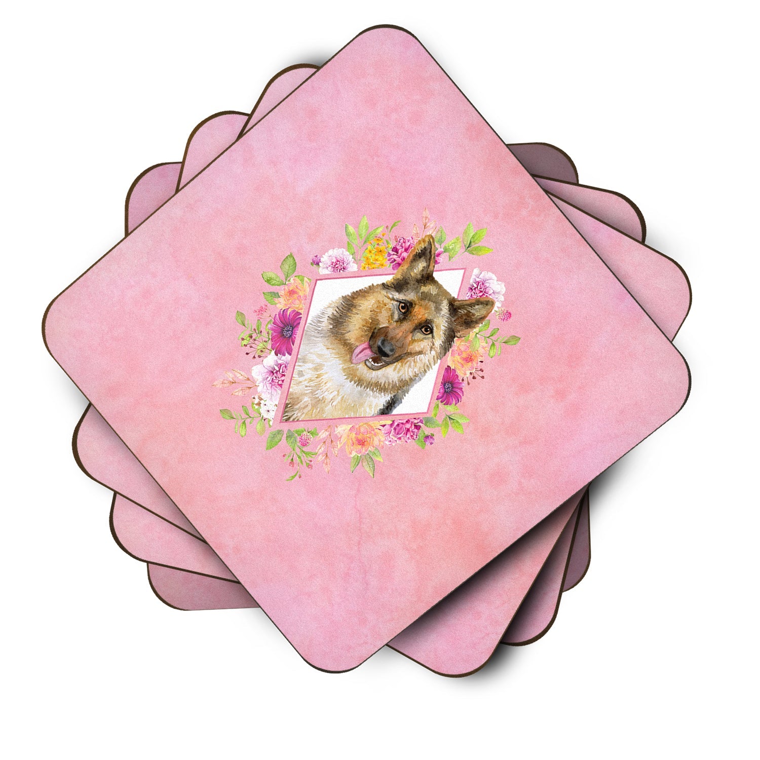 German Shepherd #1 Pink Flowers Foam Coasters Set of 4 Cup Coasters for Indoor Outdoor, Tabletop Protection, Anti Slip, Mouse pad Material